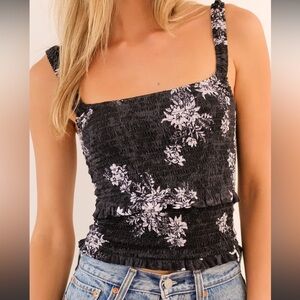 Free People Hannah Black Floral Print Smocked Cami small NWT